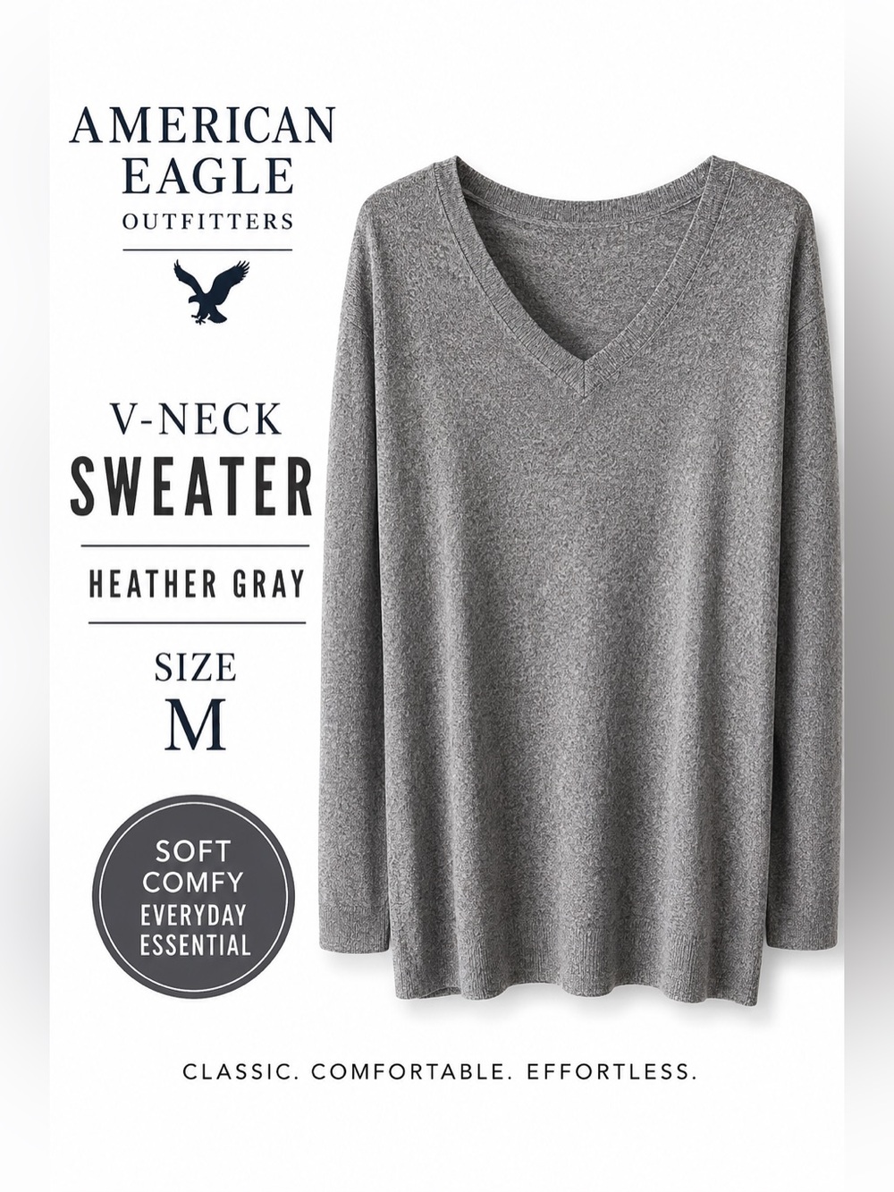 American Eagle Outfitters Gray V-Neck Long Sleeve Knit Sweater Tunic Size Medium